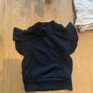 Storia Black Ribbed Mock Neck Flutter Sleeve Top